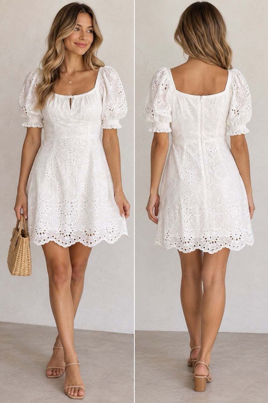 7 For All Mankind Short Puff Sleeve Eyelet Lace Mini Babydoll Dress Size L NWT